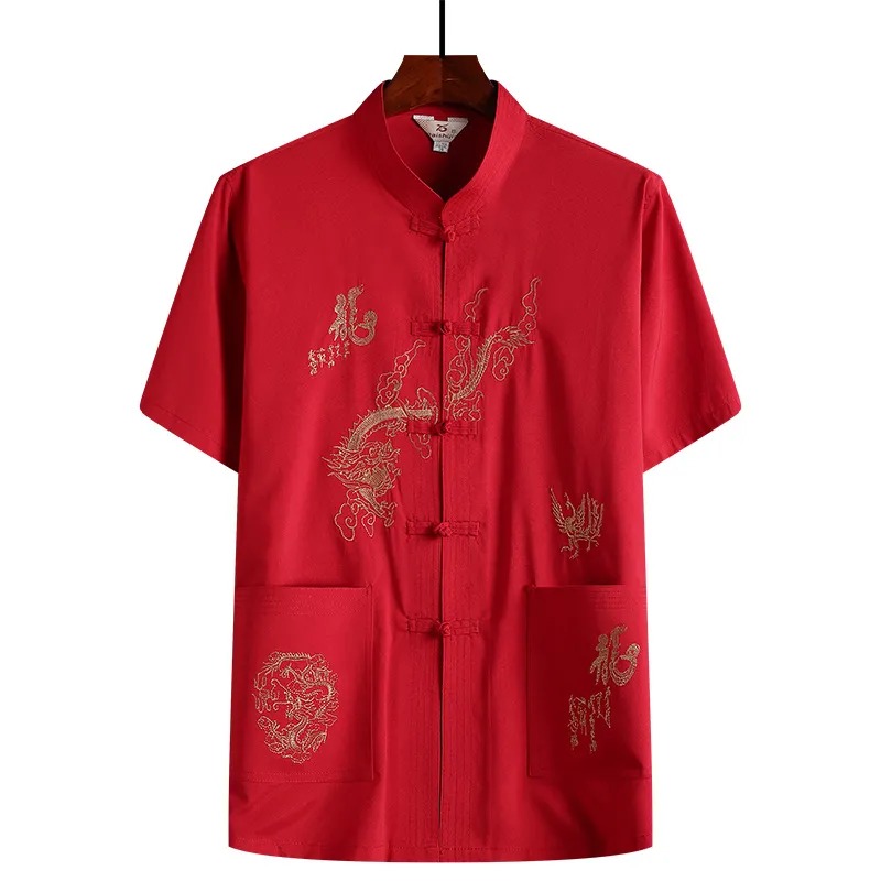 夏季短袖中式龍圖手工唐裝套裝中式風爸爸裝漢服【買一送一】
