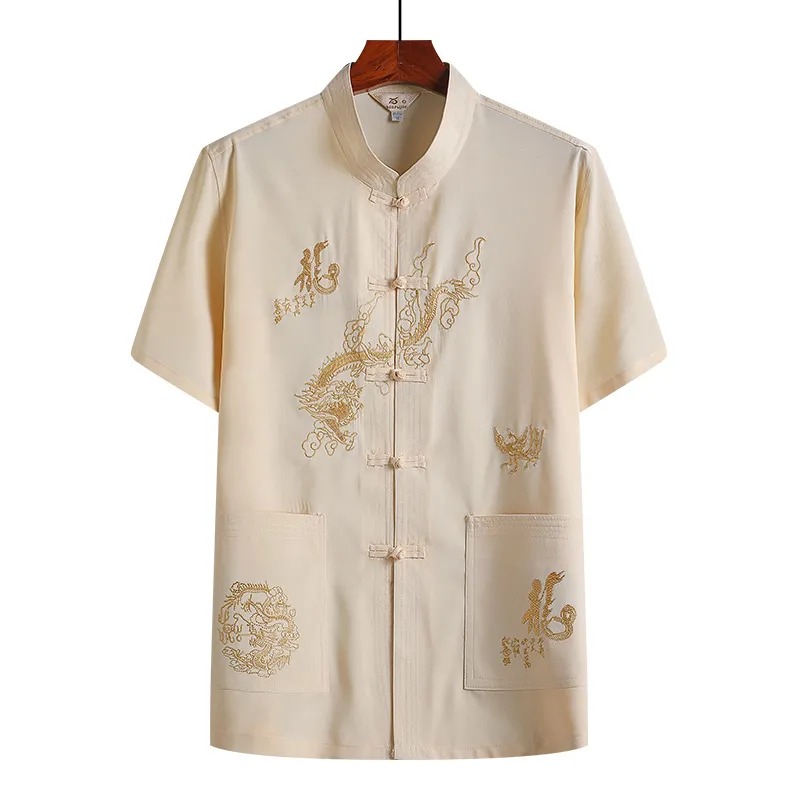 夏季短袖中式龍圖手工唐裝套裝中式風爸爸裝漢服【買一送一】