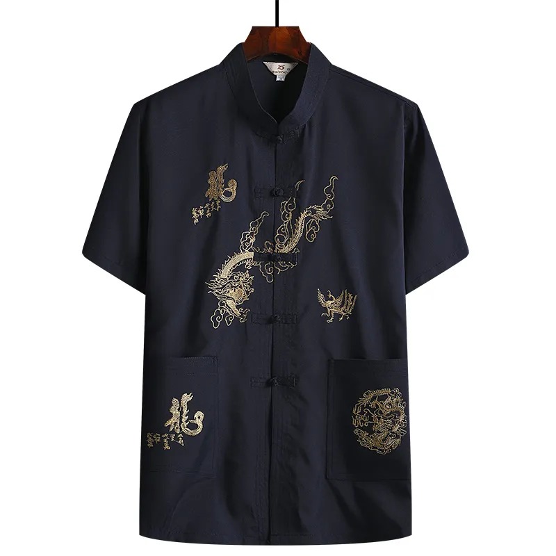 夏季短袖中式龍圖手工唐裝套裝中式風爸爸裝漢服【買一送一】