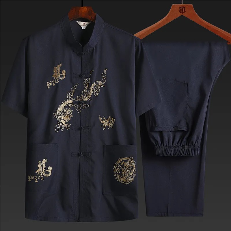 夏季短袖中式龍圖手工唐裝套裝中式風爸爸裝漢服【買一送一】
