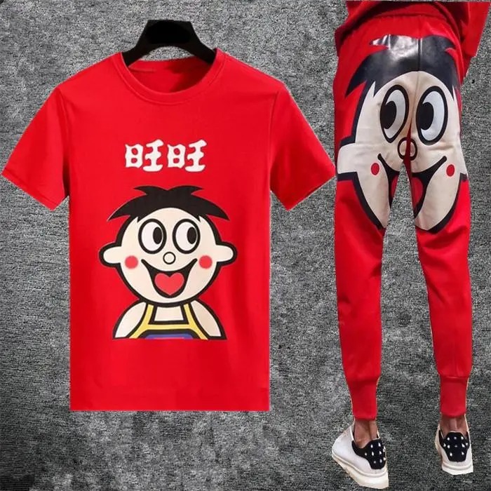 短袖套裝旺仔牛奶ins超火旺旺褲子潮牌T恤男女情侶裝